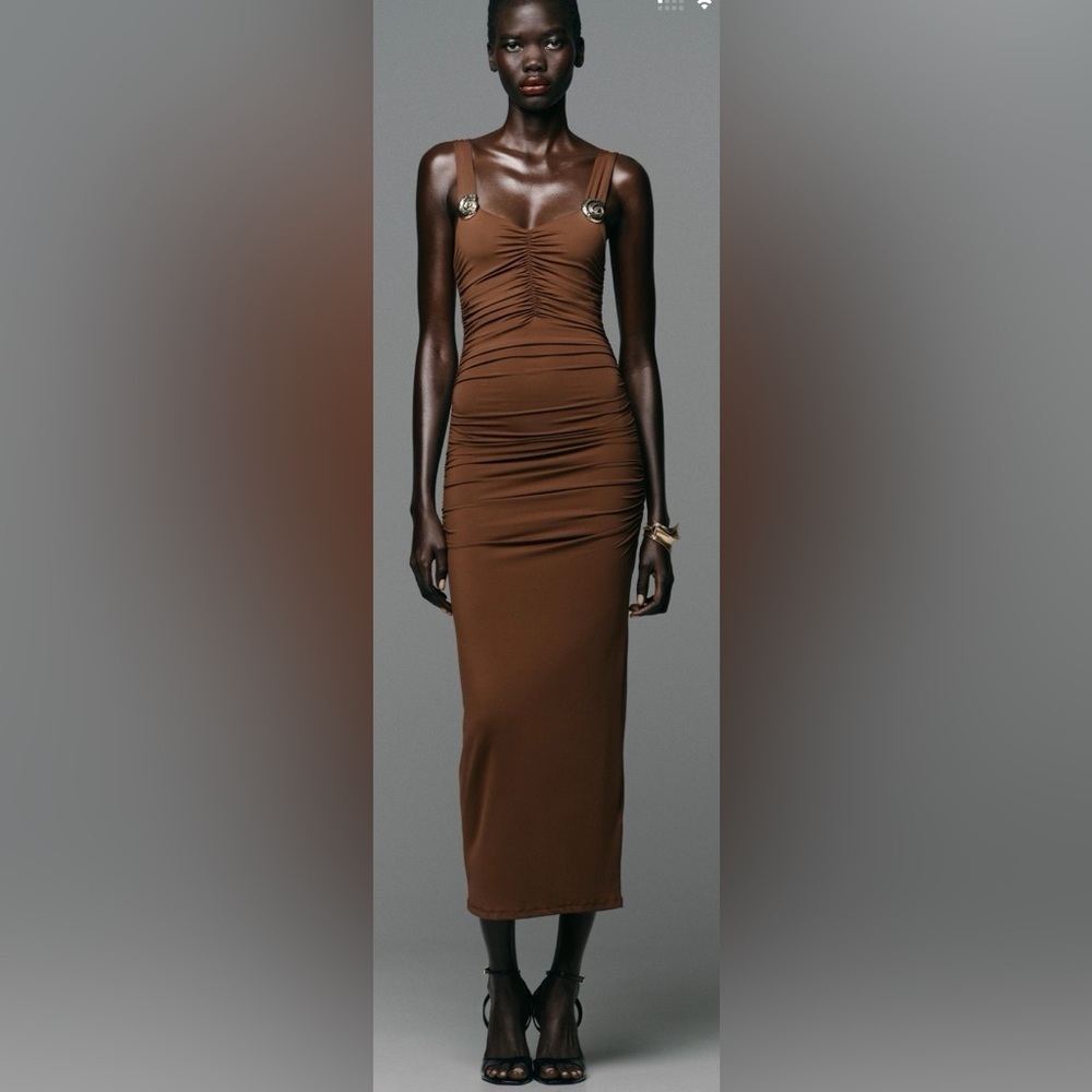 Zara Brown Seashell Detail Ruched Midi Dress Size Small NWT